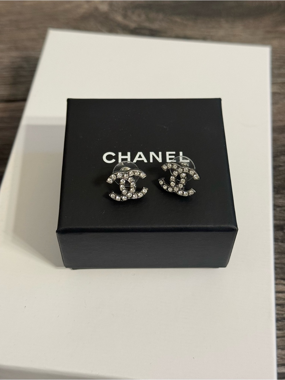 Chanel Classic Silver Crystal CC Logo Stud Earrings